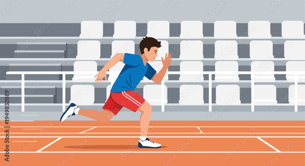 Obraz premium Young athlete sprinting on a track with stadium seating in the background