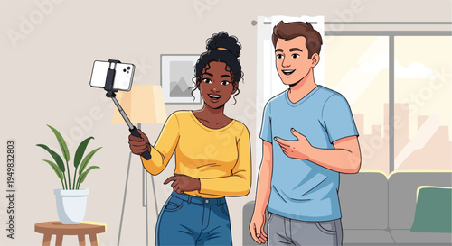Diverse couple records content for social media with smartphone on selfie stick