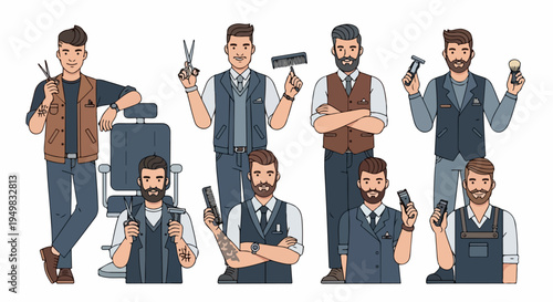 Collection of professional male barbers and hair stylists with grooming tools, set against a white background for barbershop branding and design.