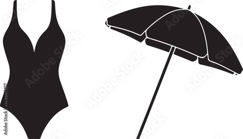 One-piece Swimsuit and Beach Umbrella Silhouette Vector Isolated on white background