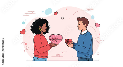 A man and woman exchange heart-shaped gift boxes in a celebratory, abstract setting