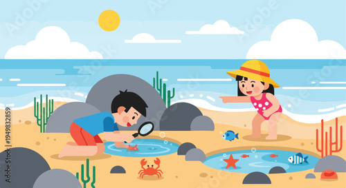 Children explore tide pools on a sunny beach, observing sea creatures with curiosity