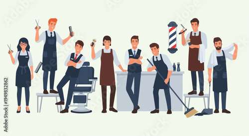 A team of professional barbers and hairdressers posing with various grooming equipment and barber shop accessories.