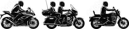 Set of three black motorcycle silhouettes, sport bike, touring motorcycle with passenger, cruiser rider, isolated on white background, vector transportation