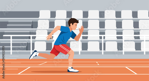 Young athlete sprinting on a track with stadium seating in the background