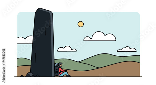 A person rests beside a tall stone monument on a hilly landscape