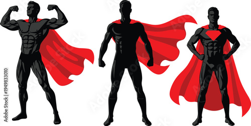 Set of three black superhero silhouettes wearing vibrant flowing red capes, dynamic heroic poses, isolated on white background, vector illustration