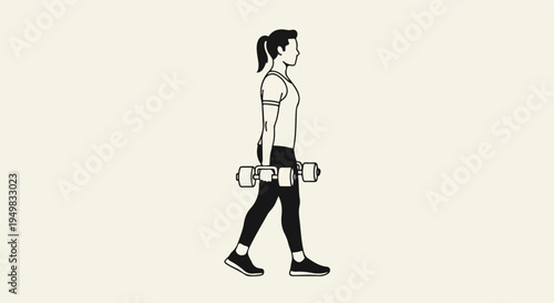 Silhouette of a woman with ponytail walking, holding dumbbells in both hands