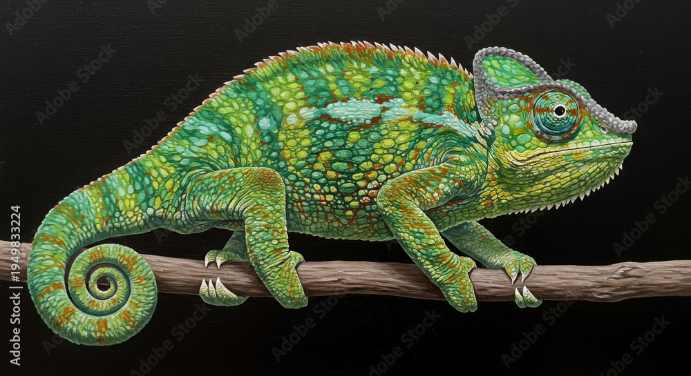 Fototapeta premium Vibrant Green Chameleon on a Branch Against Dark Background