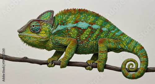 Vibrant Chameleon Perched on a Branch with Stunning Colors and Patterns
