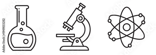 A simple line drawing of a beaker, microscope, and atom on a white background