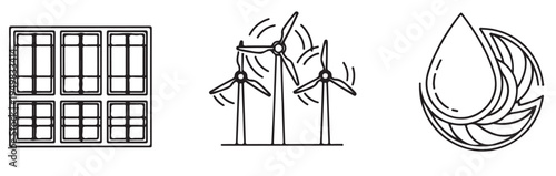 A set of eco-friendly icons representing sustainable energy sources and conservation