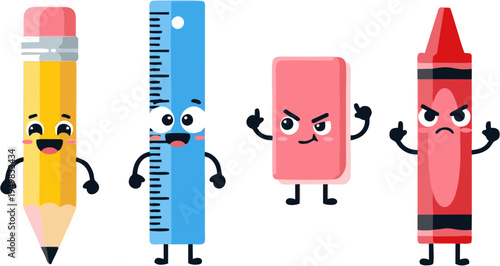 Cute cartoon school supplies characters collection with funny faces and hands