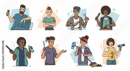 Diverse set of illustrated barber and hair stylist characters featuring professional grooming tools, ideal for salon marketing, career displays, and modern hair care concepts.