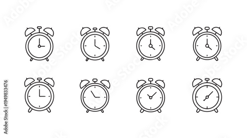 Alarm Clocks Collection Time Measurement Retro Style Simple Line Art