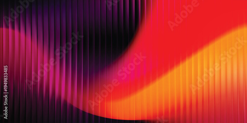 Vibrant red orange and magenta neon curve on dark vertical lines abstract background, modern gradient wallpaper for tech and branding