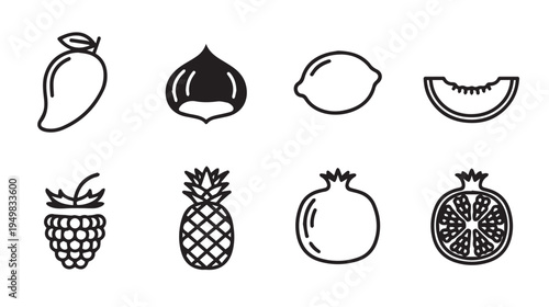 Assorted Fruit Icons Collection Mango Raspberry Pineapple Pomegranate Melon Lemon