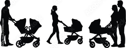 Black, silhouettes, of, parents, pushing, baby, strollers, including, a, father, with, double, pram, a, mother, and, a, couple, walking, together, on, white, background, illustration