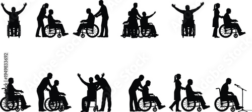 Black, silhouettes, set, of, people, in, wheelchairs, including, disabled, individuals, with, caregivers, nursing, assistants, and, users, celebrating, or, speaking, isolated, on, white, background,