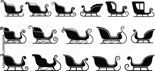 Collection of fifteen black silhouette sleigh illustrations with diverse designs, ornate runners, vintage carriage styles, holiday theme artwork, decorative elements, winter transport concept