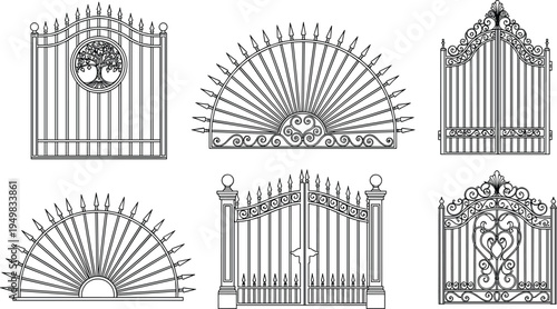 Collection of ornate wrought iron gate designs featuring decorative scrollwork, semi-circular patterns, heart motifs, and architectural inspiration for elegant property entrances and fencing