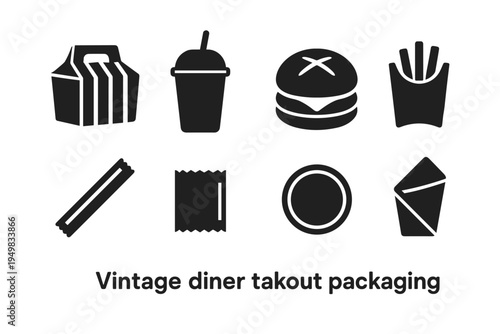 Vintage Diner Packaging Icons. Vintage diner takeout packaging. Filled icon set of vintage diner takeout