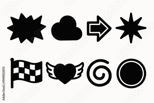 Vintage Pop Icon Grid. Vintage pop sticker vibes. Filled icon set of vintage pop sticker vibes: boom text