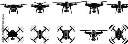 Collection of ten black drone quadcopter silhouettes shown from front and top view perspectives isolated on white background cad drawing flat