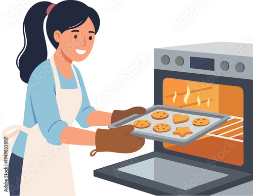 Woman baking cookies on a tray in the oven at home.