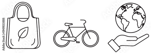A simple line drawing of a handbag, bicycle, and globe being held by a hand.