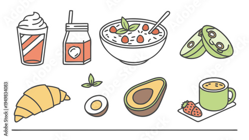 Organic Healthy Breakfast Icons Set White Background Minimal Flat Vector