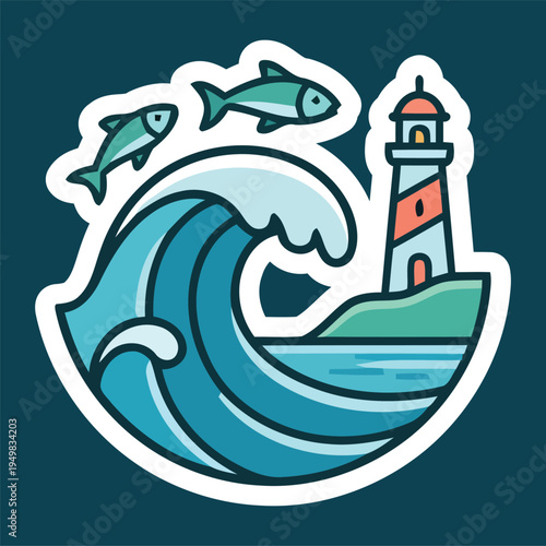 Lighthouse and Ocean Wave Illustration with Sea Navigation and Coastal Environment