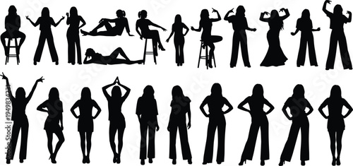 Comprehensive Collection of Diverse Female Silhouettes Featuring Women in Various Fashion Poses Standing Sitting and Reclining Isolated on White Background for Lifestyle and Character Design