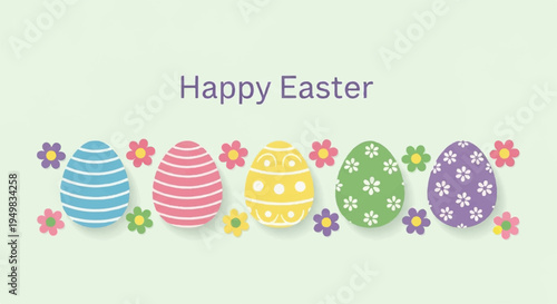 Colorful easter eggs with floral decorations on light green background happy easter