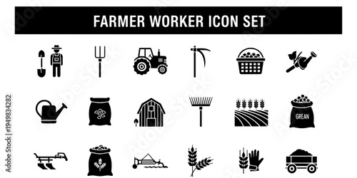 A clean and organized set of graphic icons featuring farming tools, agricultural equipment, and farmer workers in a minimalist style for various projects.