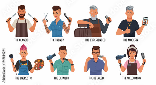 Infographic illustration of eight diverse types of barbers and hair stylists with their tools and personas on a white background.