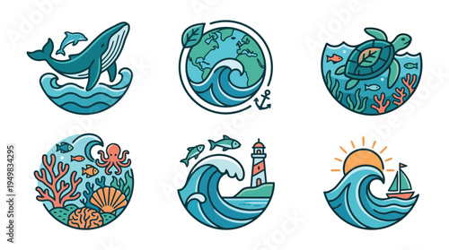 Ocean Conservation Icons with Coral Reef Marine Life and Sea Ecosystem Protection