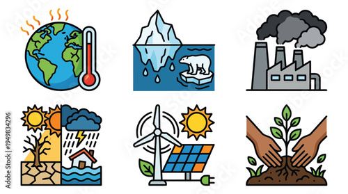 Climate Change and Renewable Energy Icons with Global Temperature Solar Panels and Wind Turbines