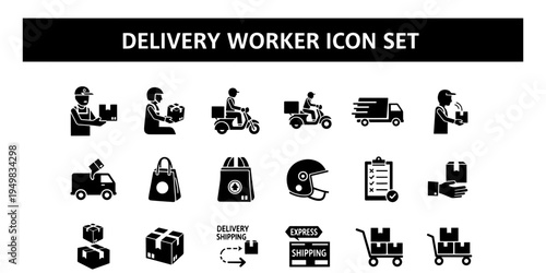 Functional Graphic Icon Set for Delivery and Logistics Industry Black Silhouette Vector Collection of Shipping Workers and Packages for Business Use