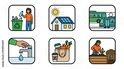 Zero Waste Lifestyle Icons with Recycling Water Saving and Sustainable Consumption