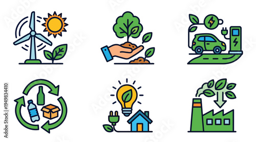 Electric Vehicle and Green Energy Icons with Charging Station Wind Turbines and Eco Mobility