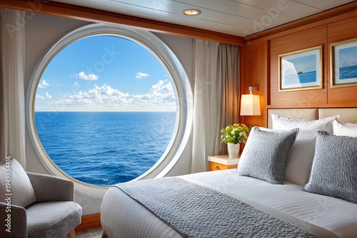Cruise ship cabin with ocean view porthole