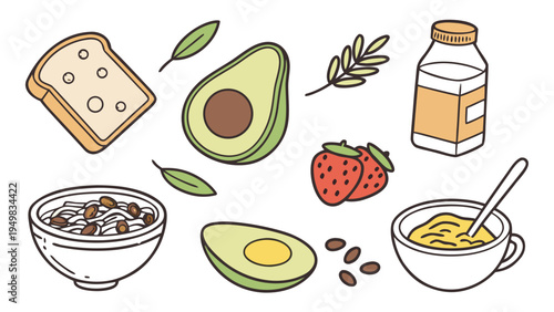 Nutritious Morning Meal Healthy Breakfast Items White Background Vector Set