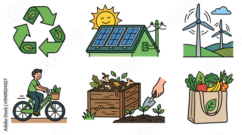 Eco Lifestyle and Renewable Energy Icons with Solar Panels Recycling and Sustainable Living