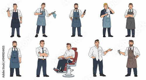 Set of ten professional male barbers and hair stylists illustrations in various poses with grooming tools isolated on white background.