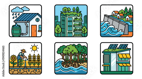 Sustainable Agriculture and Eco Farming Icons with Water Conservation Organic Food and Renewable Energy