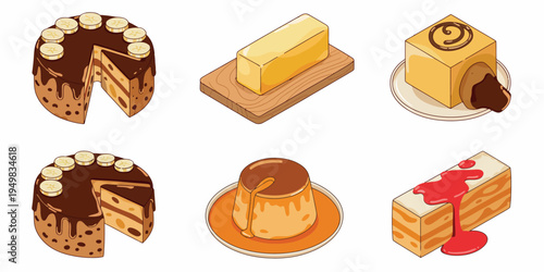 Isometric dessert collection featuring chocolate cake banana cake pudding cheesecake and butter block vector illustration isolated