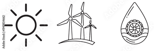 A set of eco-friendly energy icons representing sustainable power sources