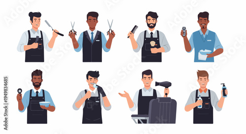 Diverse Collection of Professional Male Barbers and Hair Stylists with Grooming Tools and Equipment Vector Illustration Set
