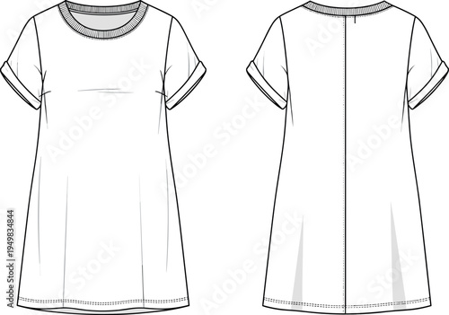 Women's Crew Neck T-Shirt Dress Technical Flat Sketch Vector with Rolled Cuffed Sleeves and Back Seam Detail for Fashion Design